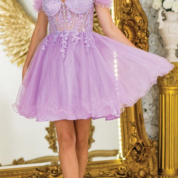 New Lilac Floral Lace Embellished Mini Fit & Flare Evening Tulle Dress DQ 3406 - Picture 5 of 8